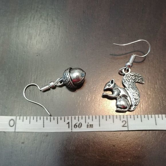 Squirrel Acorn Fall Asymmetrical Silver Earrings - Picture 6 of 6